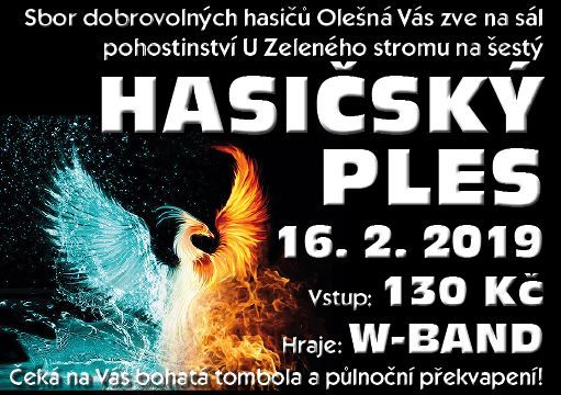 Plakát hasičského plesu v Olešné u Hořovic pro rok 2019